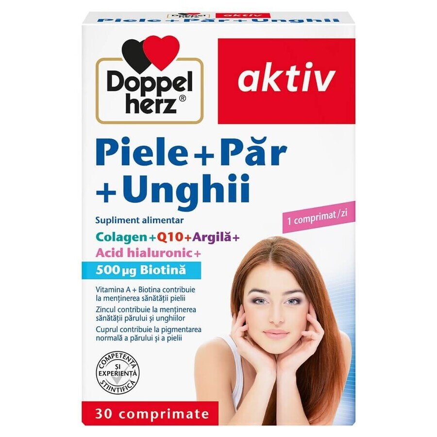 Peau + Cheveux + Ongles, Collagène + Q10 + Argile + Acide Hyaluronique + Biotine, 30 comprimés, Doppelherz