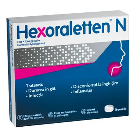 Hexoraletten N, 5 mg+1,5 mg, 16 comprimidos, Johnson&amp;Johnson