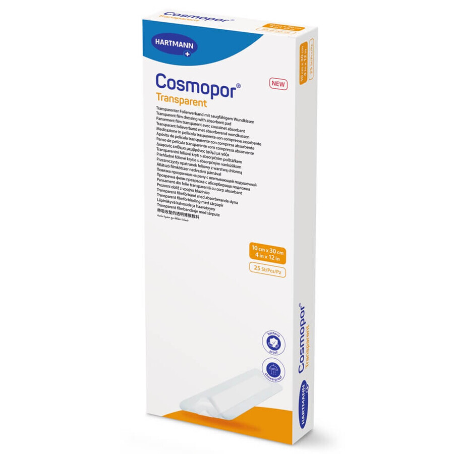 Plasture transparent cu compresa sterila Cosmopor Transparent 901060, 10 cm x 30 cm, 25 bucati, Hartmann