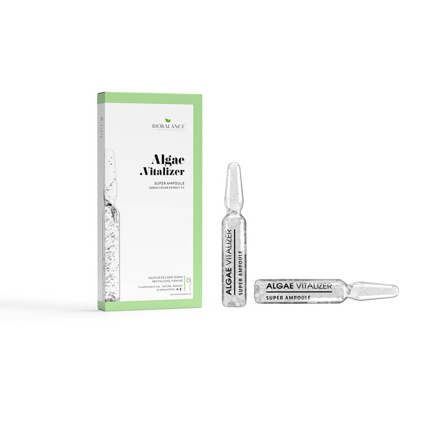 Algen-Vitalisator, konzentrierte Fläschchen für intensive Feuchtigkeitszufuhr und Straffung mit Grünem Kaviar-Extrakt 3%, Bio Balance, 10 x 2 ml, Biocart