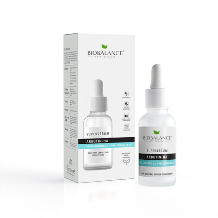 Super Serum Arbutin-HA met Alpha-Arbutine 2% + Hyaluronzuur 4D 2%, Tegen pigmentvlekken, Bio Balance, 30 ml, Biocart