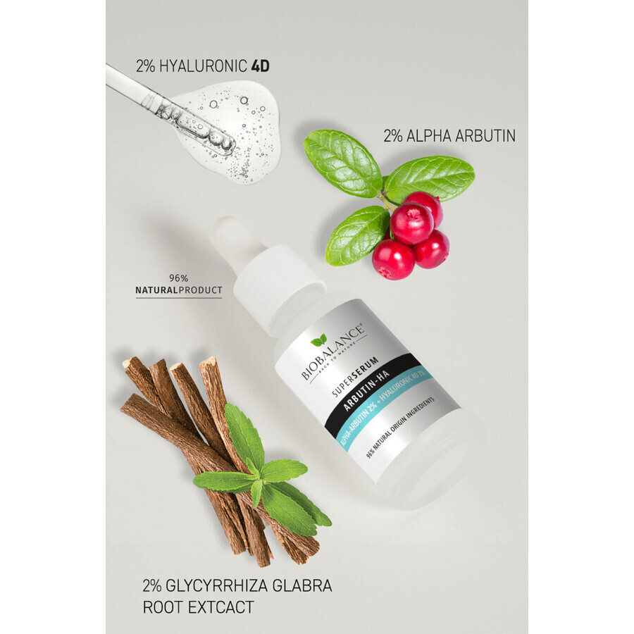 Super Serum Arbutin-HA met Alpha-Arbutine 2% + Hyaluronzuur 4D 2%, Tegen pigmentvlekken, Bio Balance, 30 ml, Biocart