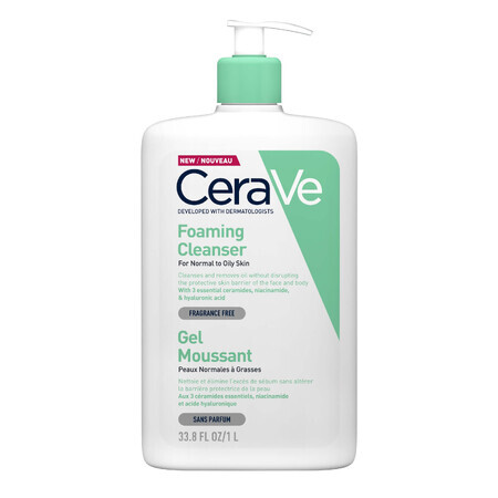 Gel limpiador espumoso para piel normal-grasa, 1000 ml, CeraVe