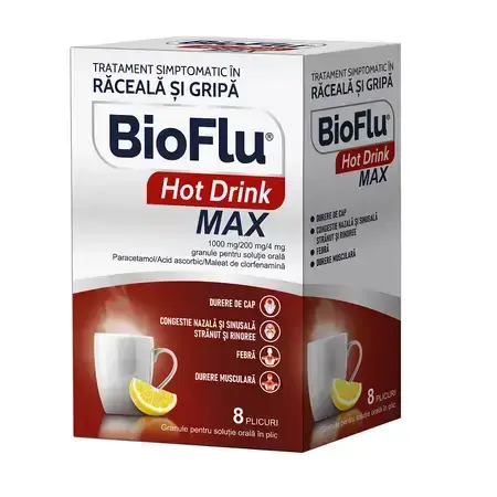 Bioflu Hot Drink Max, 1000 mg/200 mg/4 mg granulés pour suspension orale, 8 sachets, Biofarm