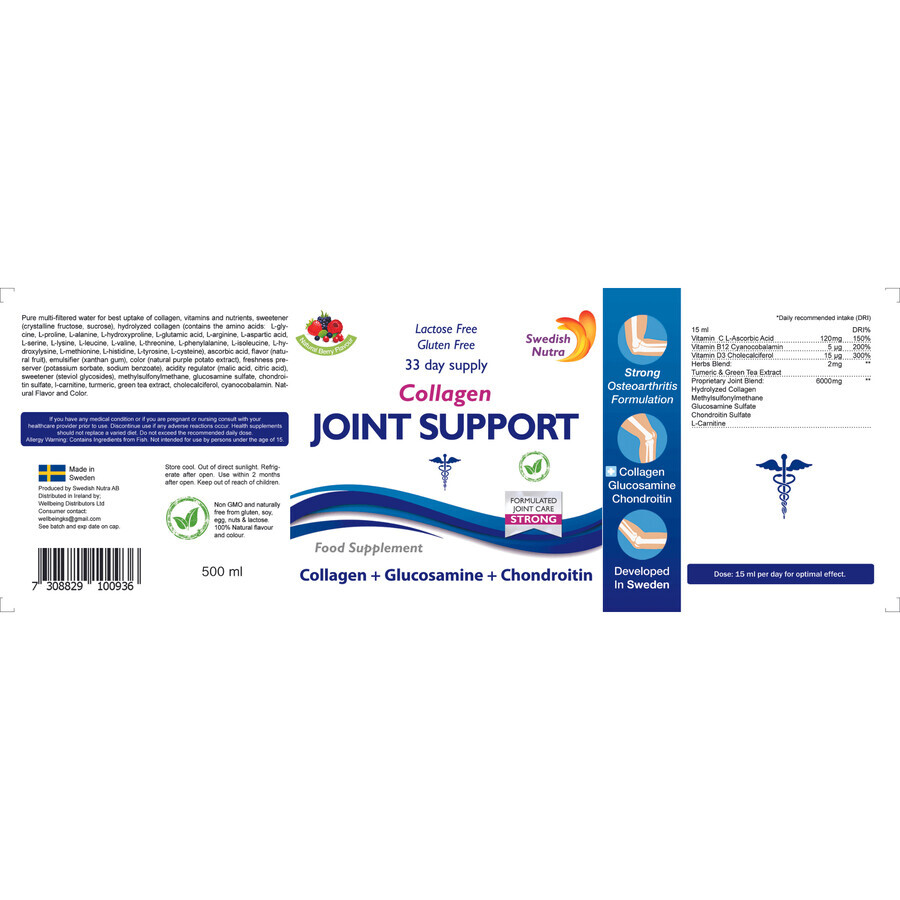 Joint Support Colagen Lichid Hidrolizat Tip 2 5000 mg 2 x 500 ml Swedish Nutra 