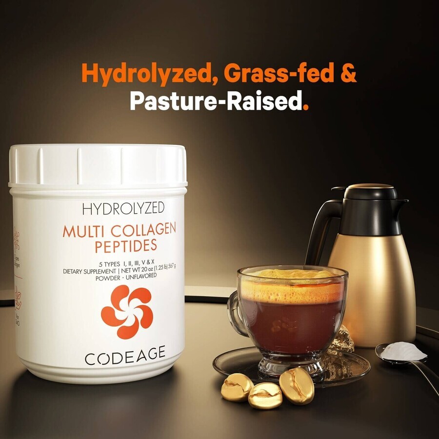 Codeage Hydrolyzed Multi Collagen - 5 Types Collagen Peptides, Colagen Hidrolizat din 5 Surse sub Forma de Peptide, Fara Aroma, 567 g, GNC