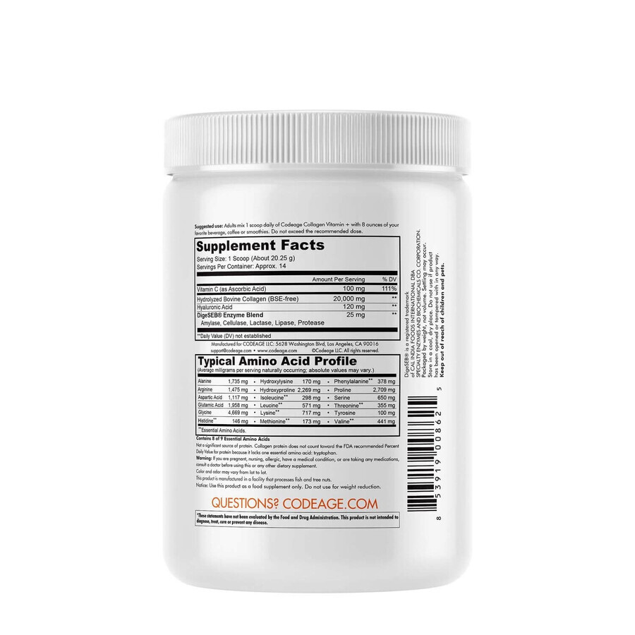 Codeage Collagen Vitamin C+, Hydrolyzed Collagen with Vitamin C and Hyaluronic Acid, 283 g, GNC