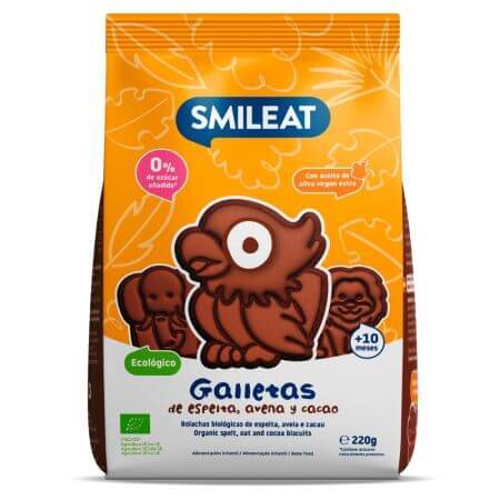 Galletas ecológicas con forma de animalitos, trigo espelta y cacao, +10 meses, 220 g, Smileat