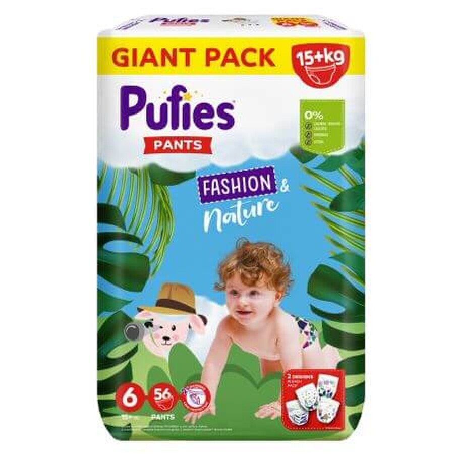 Diaper Pants Fashion &amp; Nature, No. 6, 15 kg+, 56 pcs, Pufies