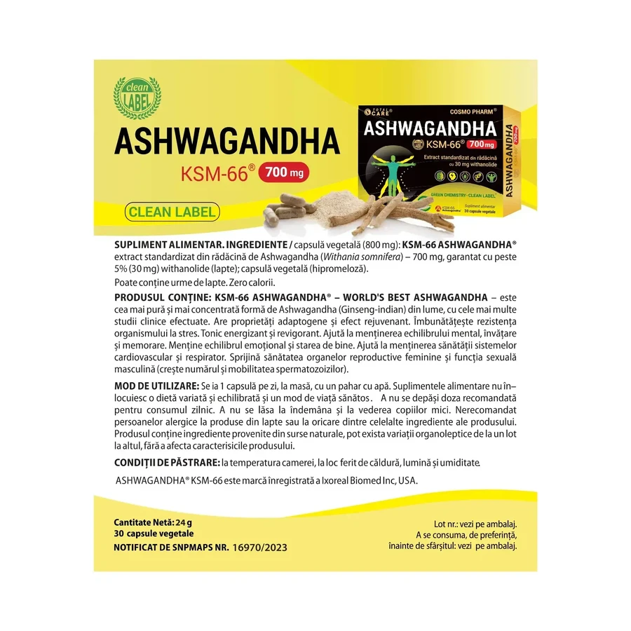 Ashwaganda KSM-66, 700 mg, 30 cápsulas, Cosmopharm