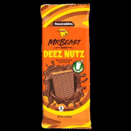 Deez Nuts Chocolat fourré au beurre de cacahuète, Tablette de 60 g, Mr Beast Feastables