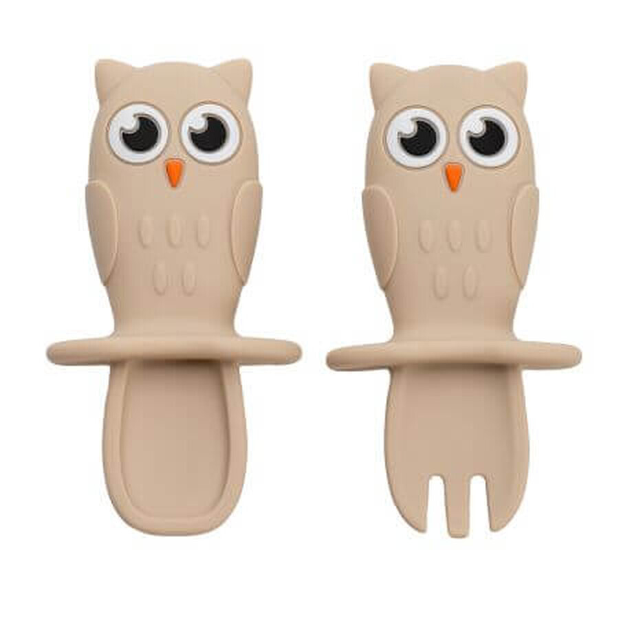 Set di posate in silicone gufo, 6 mesi+, Beige a bolle, Appekids