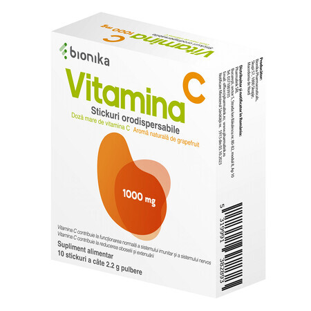 Vitamina C, 1000 mg, 10 sticks de polvo bucodispersable, Bionika