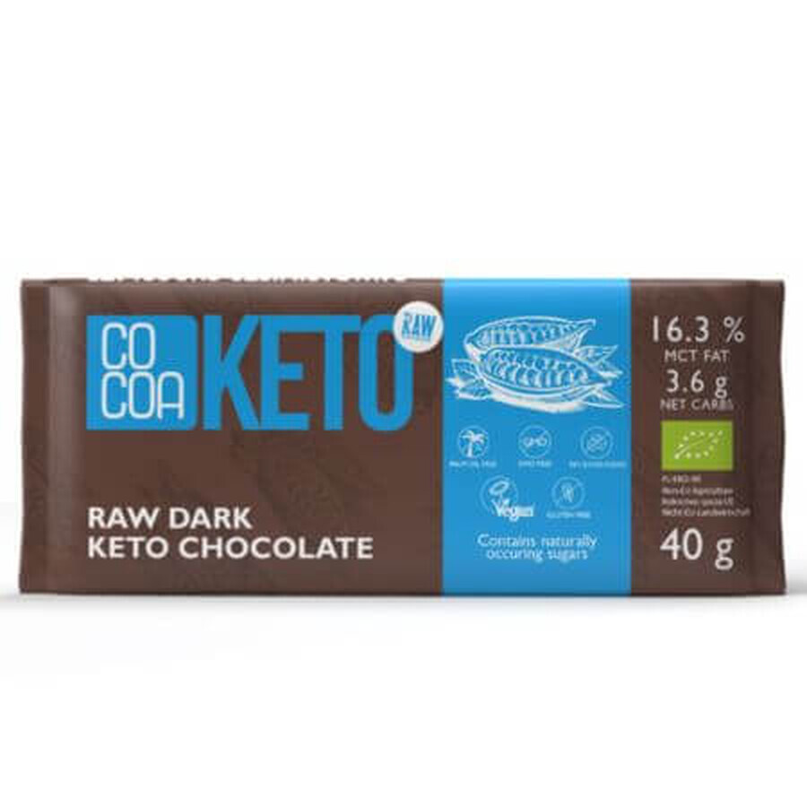 Chocolate negro ecológico con aceite de coco MCT Keto, 40 g, Cacao