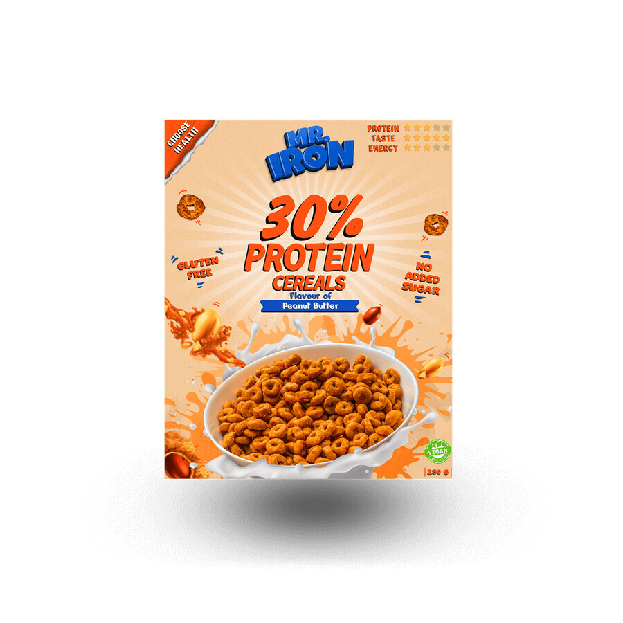 Cereales proteínicos con mantequilla de cacahuete, veganos, sin azúcar y sin gluten, 250 g, Mister Iron