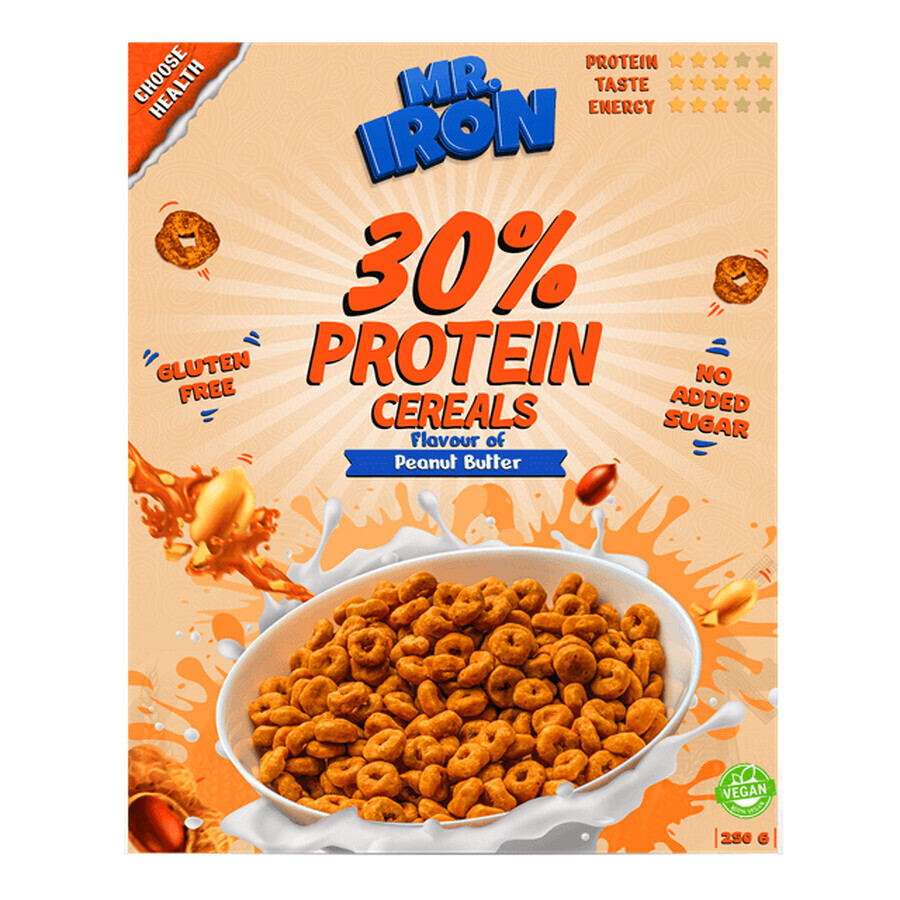 Cereales proteínicos con mantequilla de cacahuete, veganos, sin azúcar y sin gluten, 250 g, Mister Iron