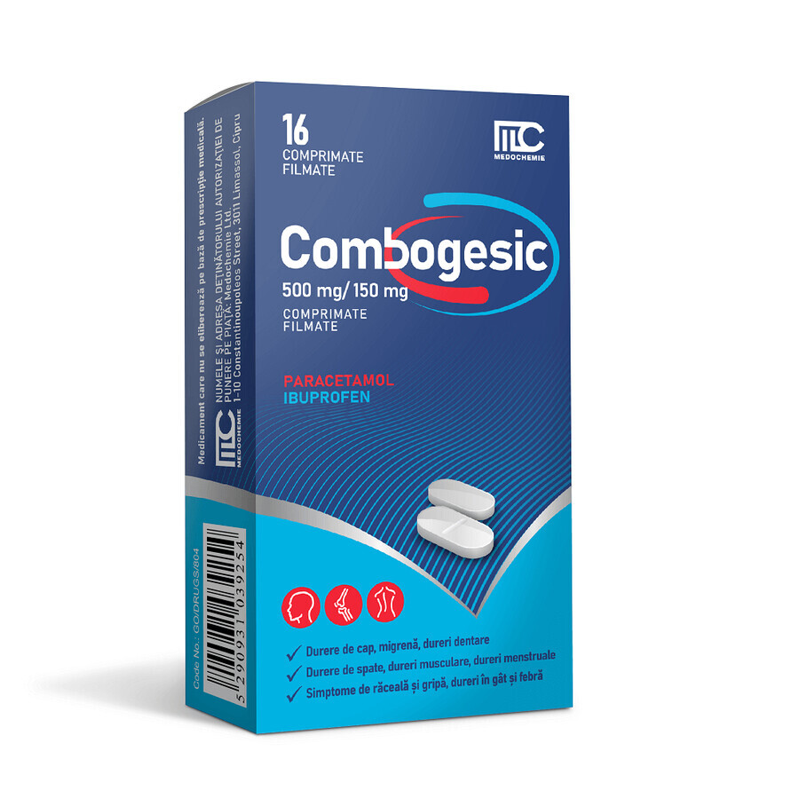 Combogesic, 500mg/150mg, 16 comprimate filmate, Medochemie