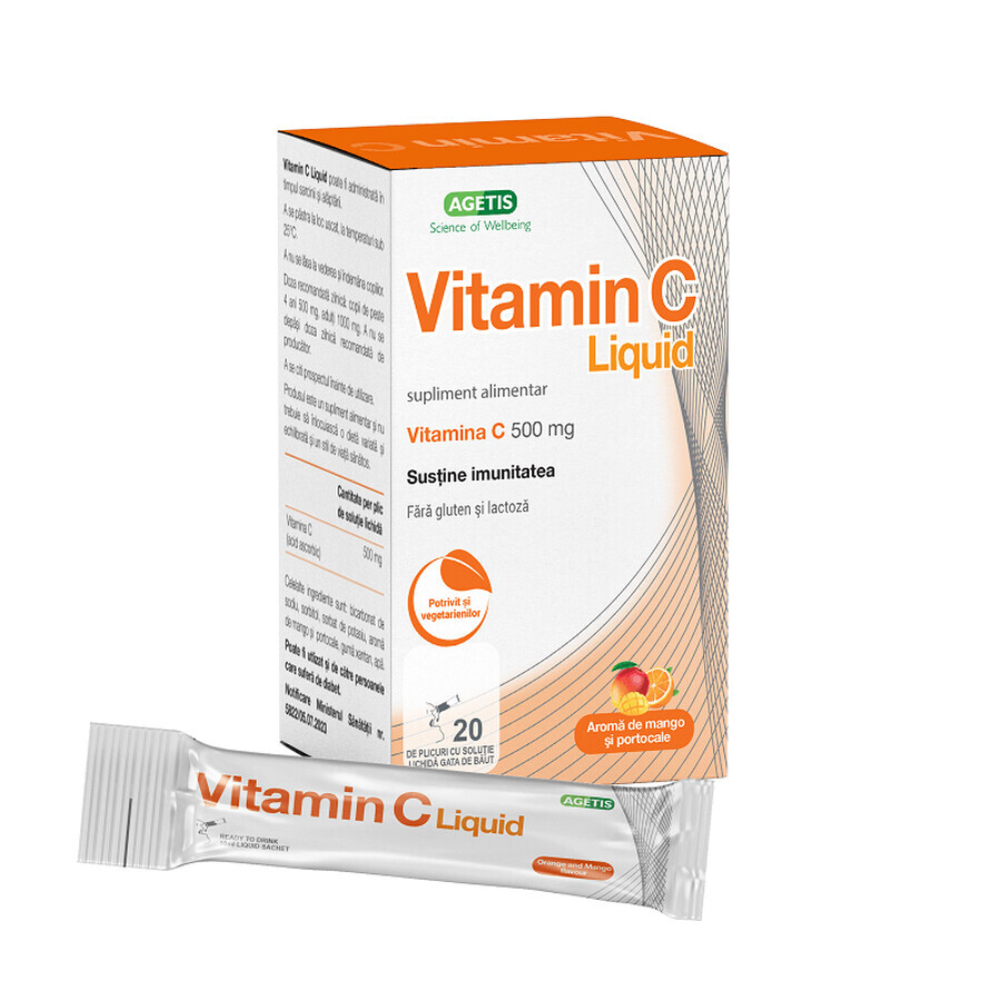 Vitamina C líquida, 500 mg, 20 sobres, Agetis