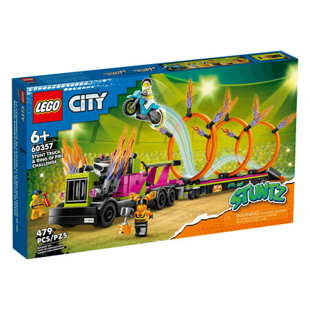 Lego City Camión de acrobacias y desafío del anillo de fuego, 6 años+, 60357, Lego