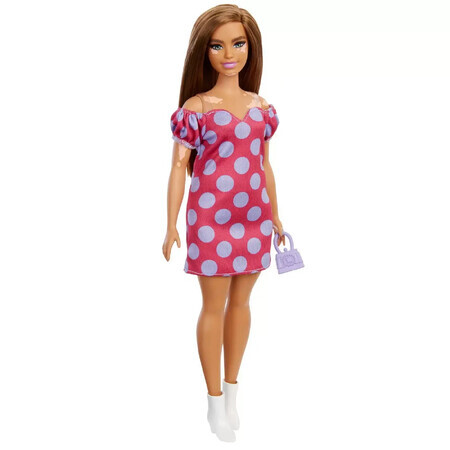 Muñeca Barbie Fashionista, satén con vestido de lunares rosas, Barbie