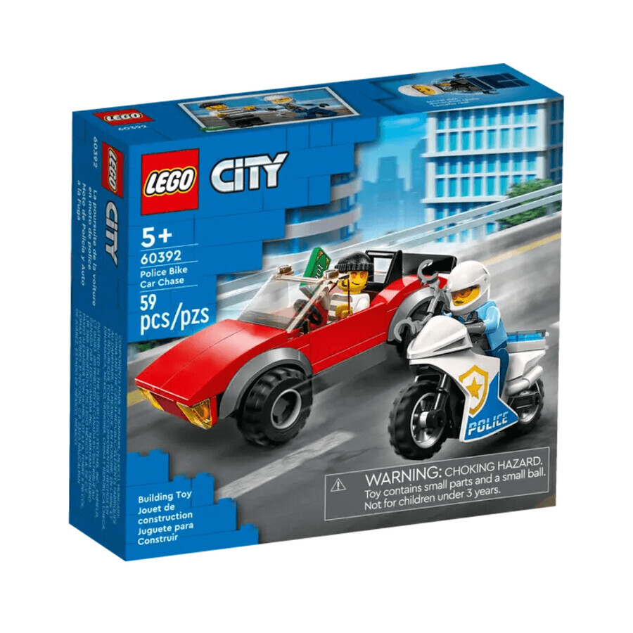 Policía en moto persiguiendo a un coche Lego City, 5 años+, 60392, Lego