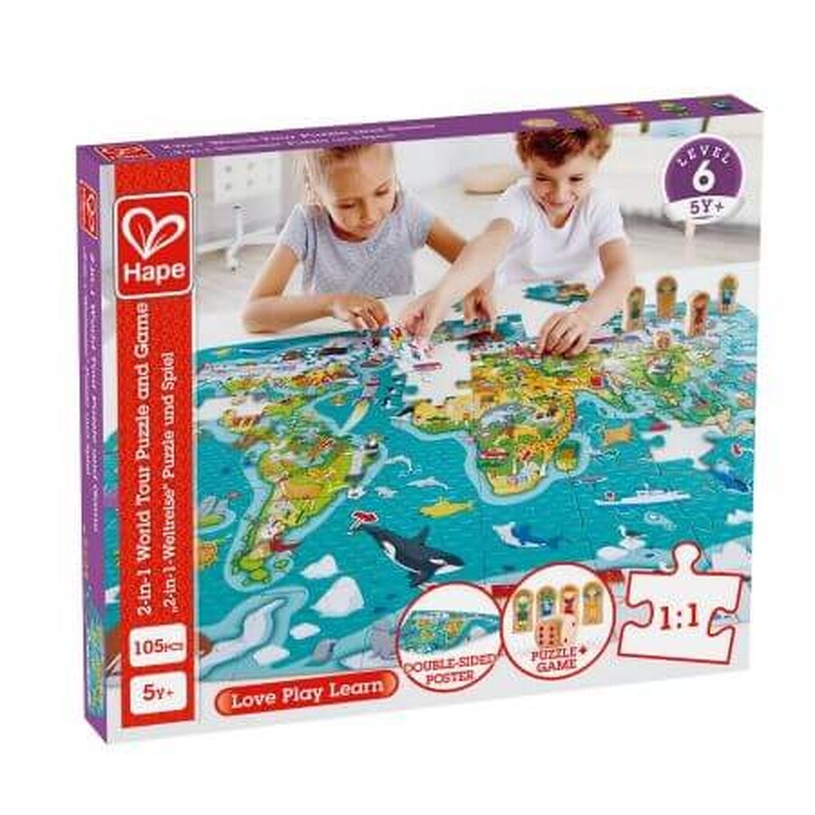 2 in 1 puzzel rond de wereld, +5 jaar, Hape