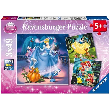 Puzzle de Blancanieves, Cenicienta y Ariel, 3x49 piezas, Ravensburger