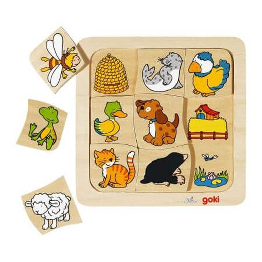 Puzzle de asociere din lemn Casutele Animalelor, +2 ani, Goki