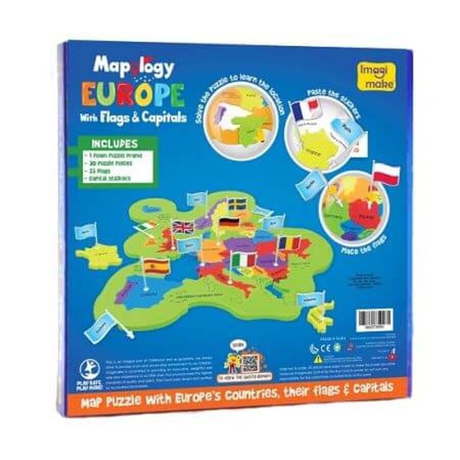 Educatieve puzzelkaart van Europa met vlaggen en hoofdsteden, +5 jaar, Imagimake