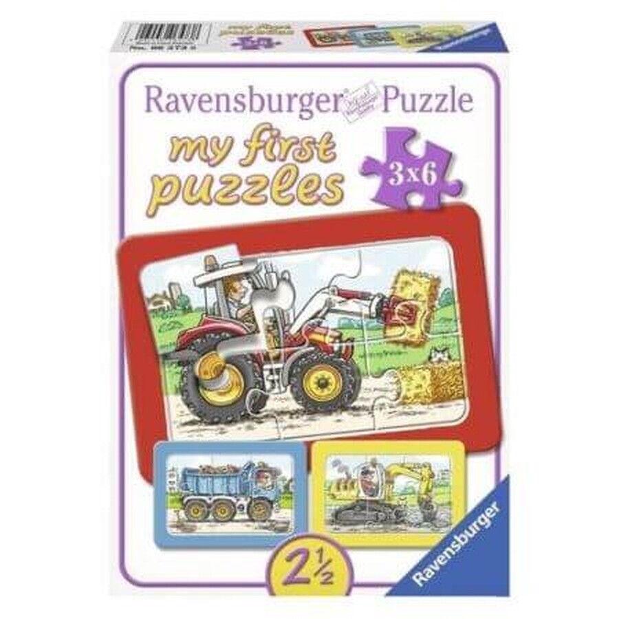 Puzzle de excavadora, tractor y volquete, 3x6 piezas, Ravensburger