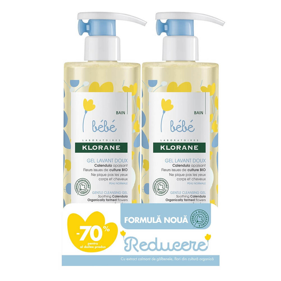 Klorane Bebé Gel espumoso suave para el cuerpo y el cabello, 500 ml + 500 ml