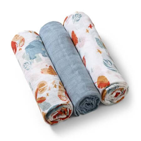 Set of 3 muslin diapers, Blue, Babyono