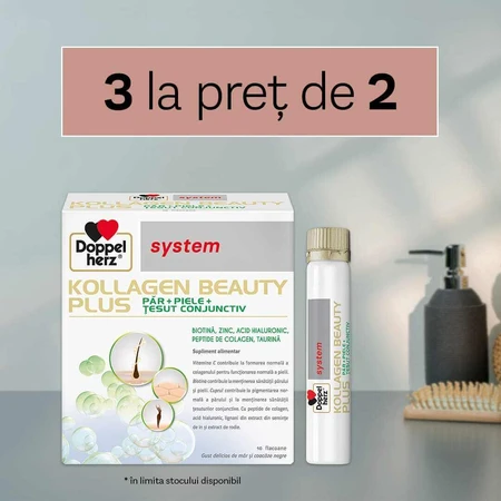 Kollagen Beauty Plus System pentru Păr și Piele cu Biotină și Acid Hialuronic, 30 doze la preț de 20 doze, Doppelherz