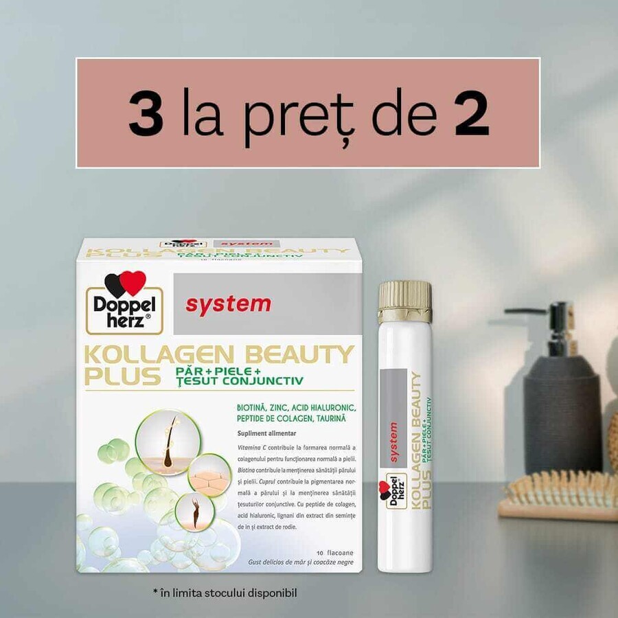 Kollagen Beauty Plus System pentru Par si Piele cu Biotina si Acid Hialuronic, 30 doze la pret de 20 doze, Doppelherz