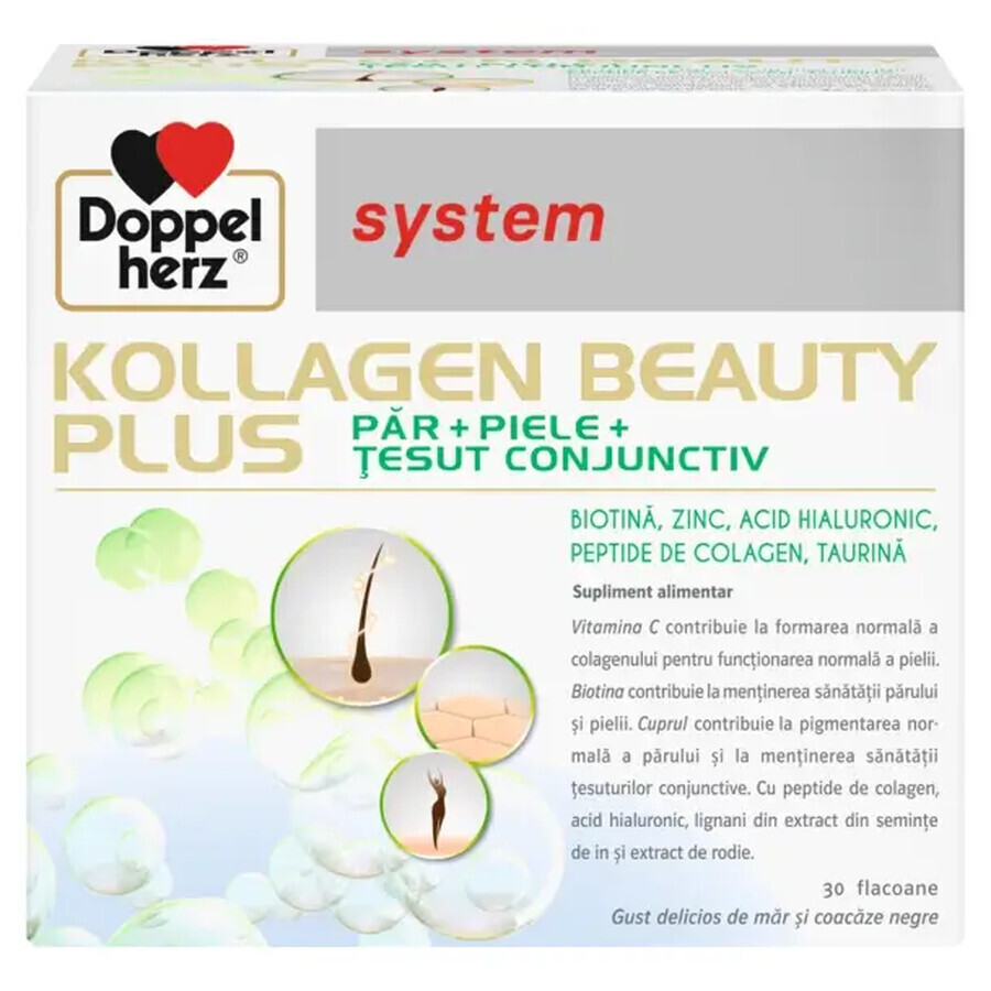 Kollagen Beauty Plus System pentru Par si Piele cu Biotina si Acid Hialuronic, 30 doze la pret de 20 doze, Doppelherz