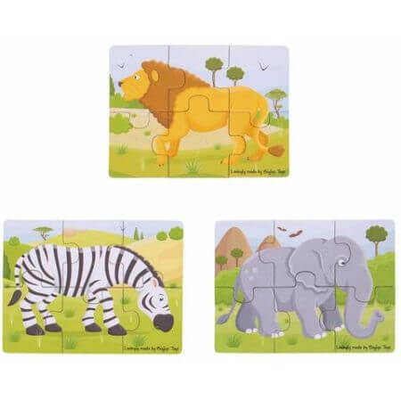 Set 3 puzzle din lemn Jungla Vesela, 1 buc, Big Jigs