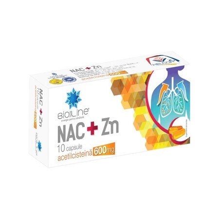 NAC+Zn 600 mg Acetilcisteína con vitamina C Bioline, 10 cápsulas, Helcor