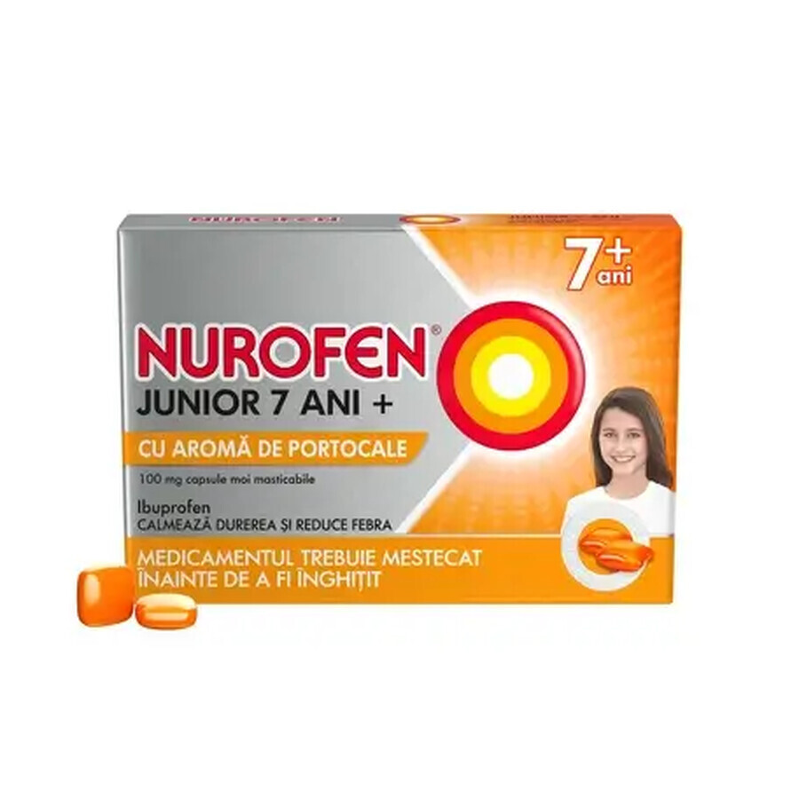 Nurofen Junior al gusto di arancia, 7 anni+, 100 mg, 12 capsule, Reckitt Benckiser