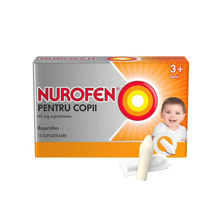 Nurofen para niños mayores de 3 meses 60 mg, 10 supositorios, Reckitt Benckiser Healthcare