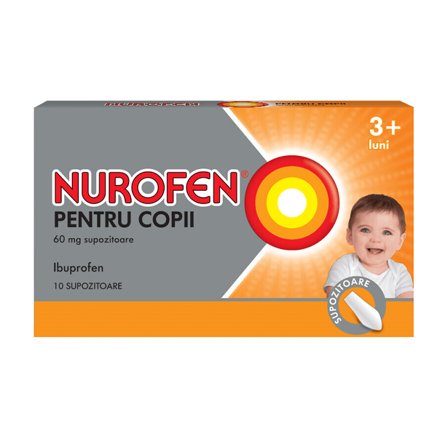 Nurofen para niños mayores de 3 meses 60 mg, 10 supositorios, Reckitt Benckiser Healthcare