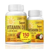 Super Vitamin D3 with coconut oil 2000UI pack, 120 + 30 capsules, Zenyth