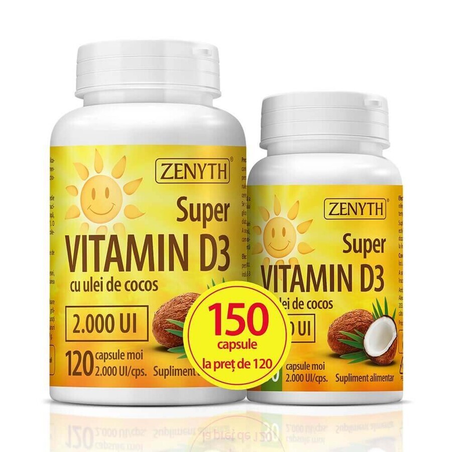 Super Vitamina D3 con aceite de coco 2000 UI, 120 + 30 cápsulas, Zenyth