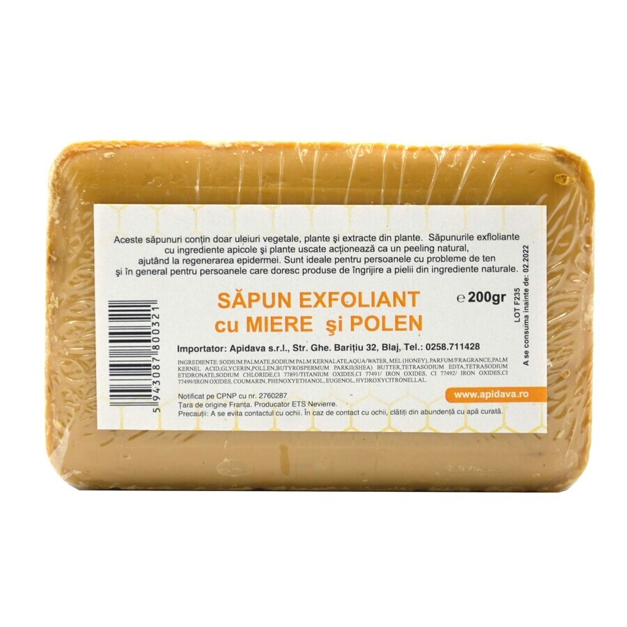 Jabón exfoliante con miel y polen, 200 g, Apidava