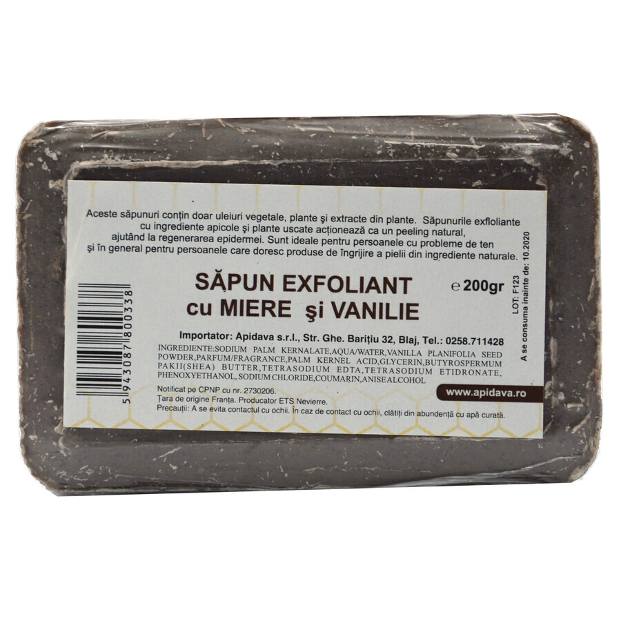 Jabón exfoliante con miel y vainilla, 200 g, Apidava