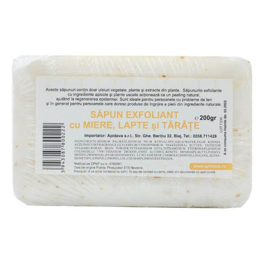 Jabón exfoliante con miel, leche y taratos, 200 g, Apidava