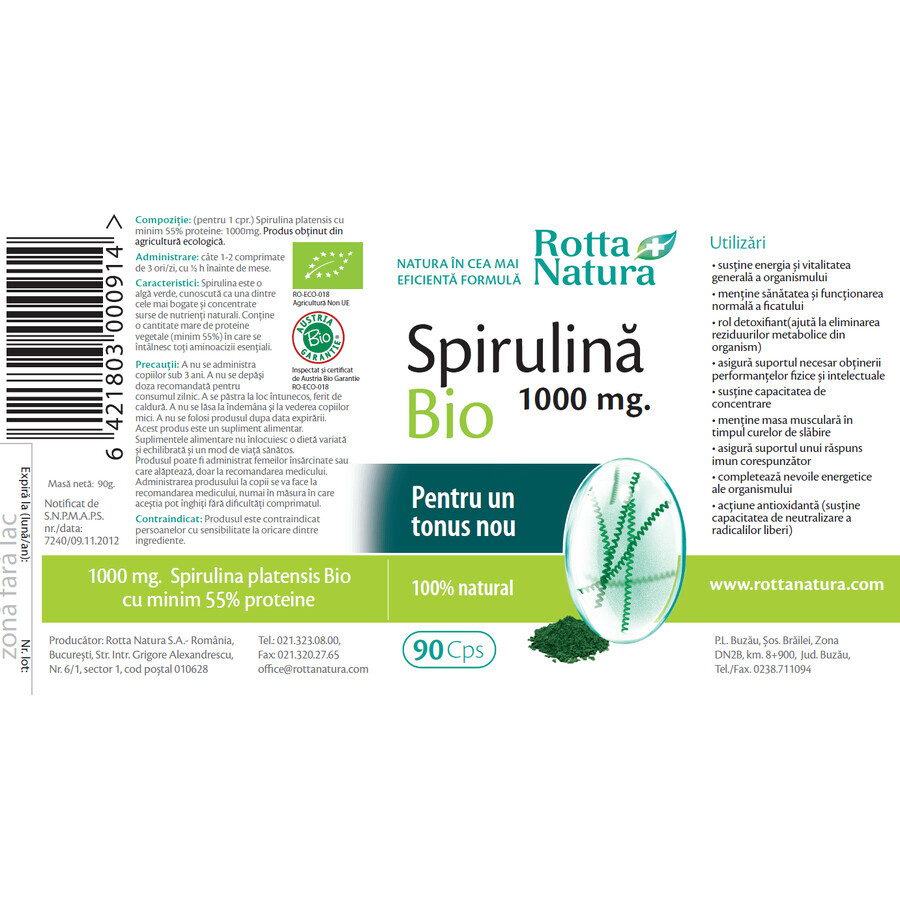 Spirulina Bio 1000 mg, 90 comprimidos, Rotta Natura