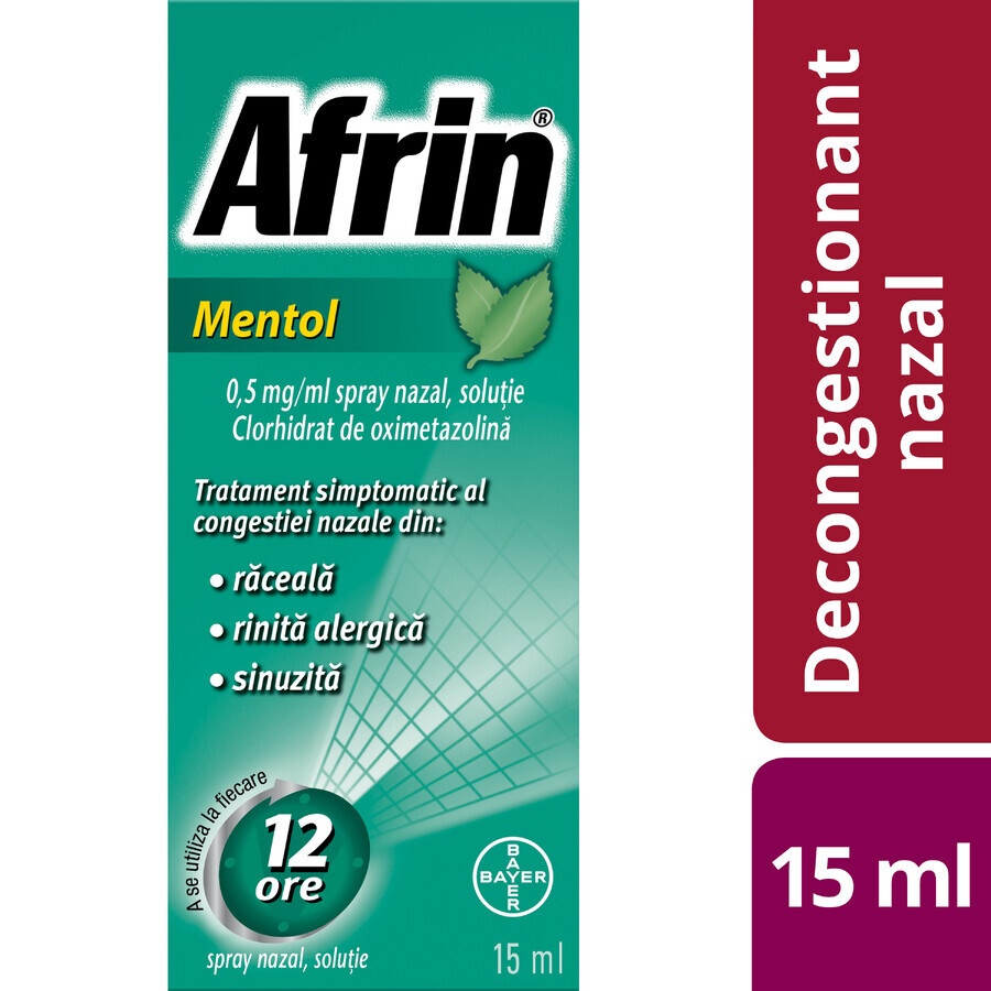 Afrin Mentol 0,5mg/ml No Drip, spray nasal con bomba dosificadora - Tratamiento rápido de la congestión nasal - 15ml