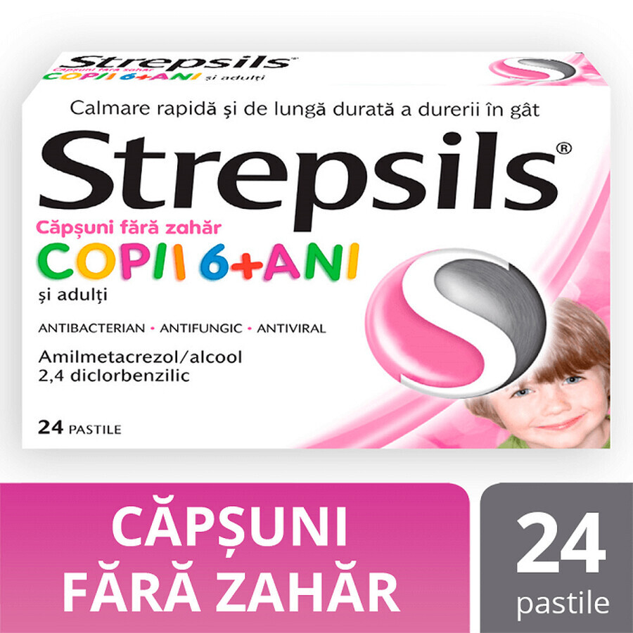 Strepsils sabor fresa sin azúcar niños mayores de 6 años, 24 comprimidos, Reckitt Benckiser Healthcare