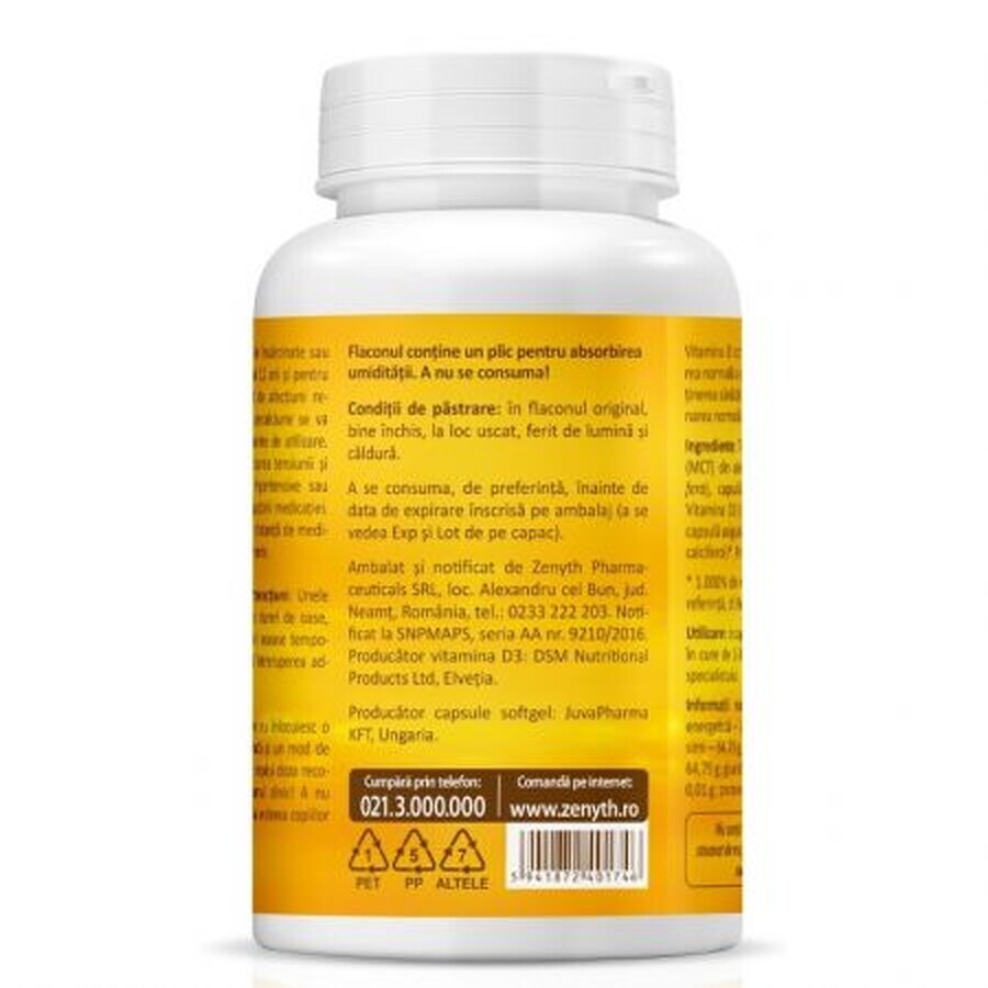 Super Vitamina D3 con aceite de coco 2000IU, 120 cápsulas, Zenyth