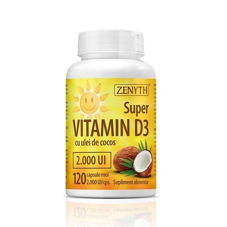 Super Vitamina D3 con aceite de coco 2000IU, 120 cápsulas, Zenyth